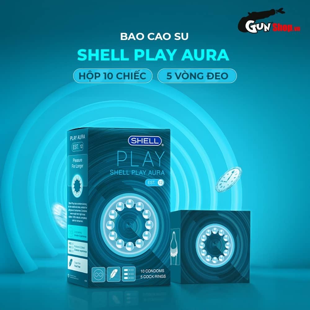 Bao cao su Shell Play Aura 6 tính năng - Hộp 10 cái + 5 vòng đeo kéo dài thời