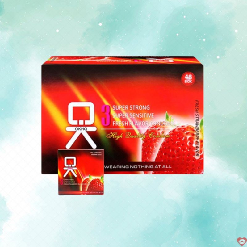Bao cao su OKHQ hương dâu hộp 144 cái siêu mềm mịn an toàn 