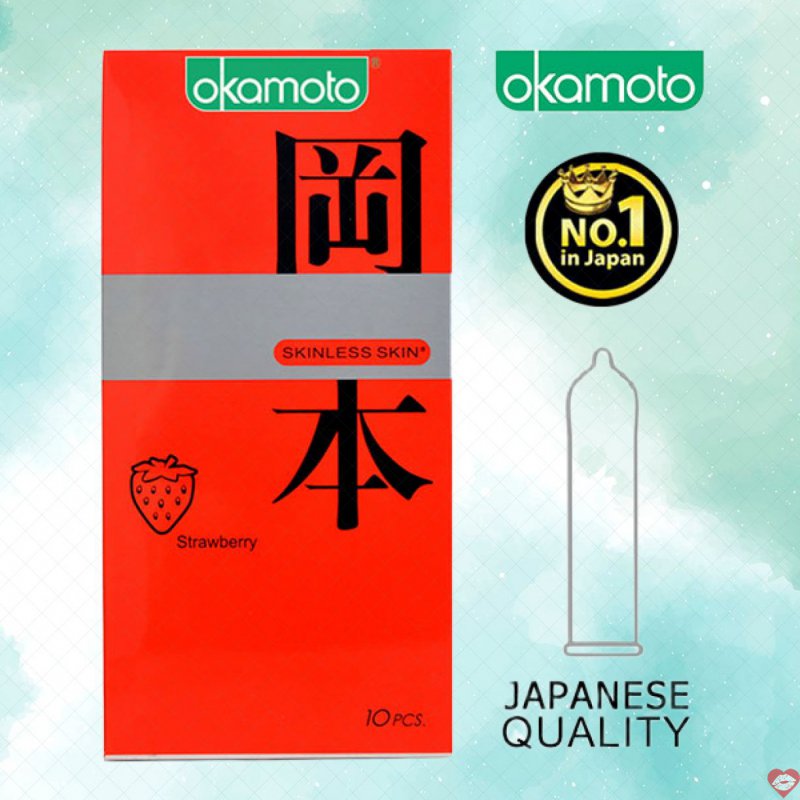 Bao cao su hương dâu Okamoto hộp 10c thơm ngọt, an toàn, kích thích 