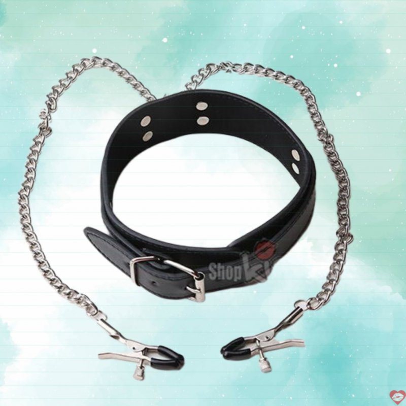 Vòng cổ dây chuyền kẹp vú BDSM da PU cao cấp kích thích khoái cảm 