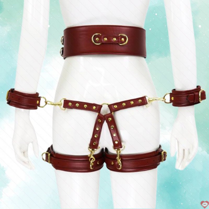 Bộ thắt lưng khóa tay đùi da PU đỏ đậm BDSM tăng cảm giác 