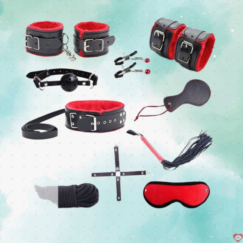Bộ sex toy bạo dâm 10 món lót lông màu đỏ - đen